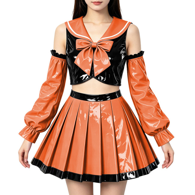 Adult PVC Shiny Cosplay Sailor Uniform Off‑Shoulder Sleeve Cropped Top Pleated Skirt Halloween Carnival Party Dress Up Outfits