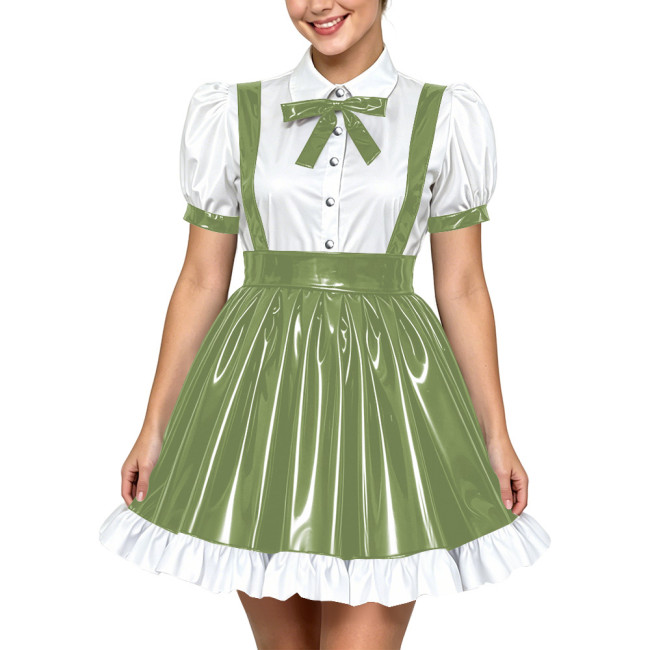 Women Lolita Cute Puff Sleeve Shirt Strap Suspender Mini Skirt Two-piece Set PVC Shiny Leather School Style Pleated Dress Outfit