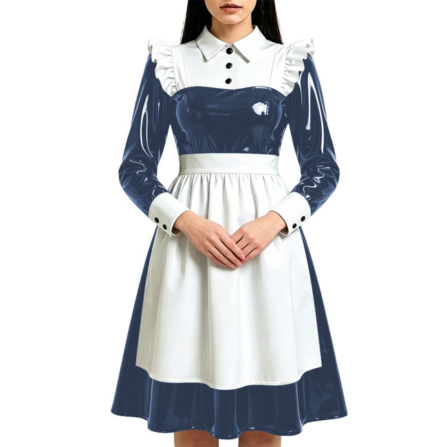 Shiny French Style Maid Cosplay Costumes Long Sleeve Fetish PVC Knee-length Dress with Apron Halloween Carnival Party Dressing