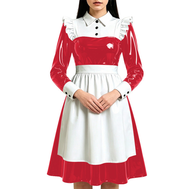 Shiny French Style Maid Cosplay Costumes Long Sleeve Fetish PVC Knee-length Dress with Apron Halloween Carnival Party Dressing