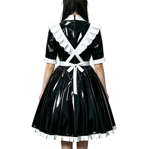 Sissy Shiny PVC Wetlook Maid Uniforms Half Sleeve White Bow Ruffle Midi Dress with Frilled Apron Theme Parties Role‑Play Outfit
