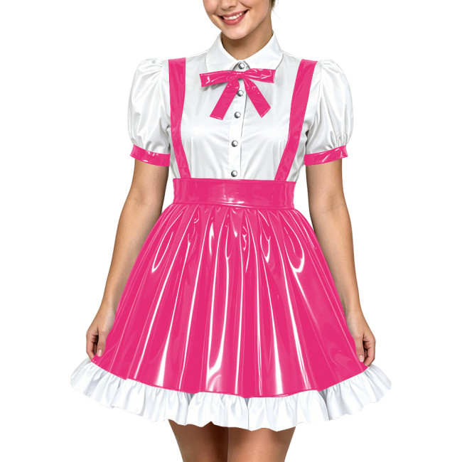 Women Lolita Cute Puff Sleeve Shirt Strap Suspender Mini Skirt Two-piece Set PVC Shiny Leather School Style Pleated Dress Outfit
