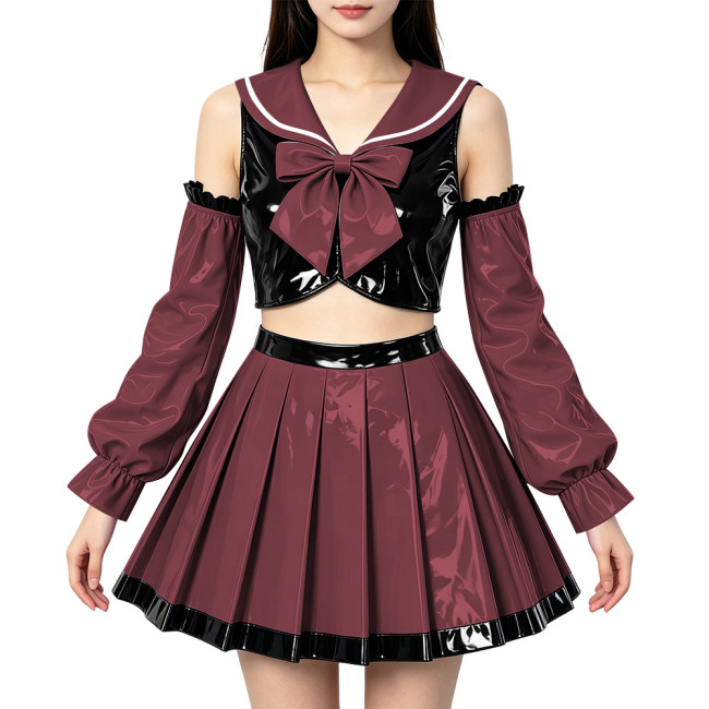 Adult PVC Shiny Cosplay Sailor Uniform Off‑Shoulder Sleeve Cropped Top Pleated Skirt Halloween Carnival Party Dress Up Outfits