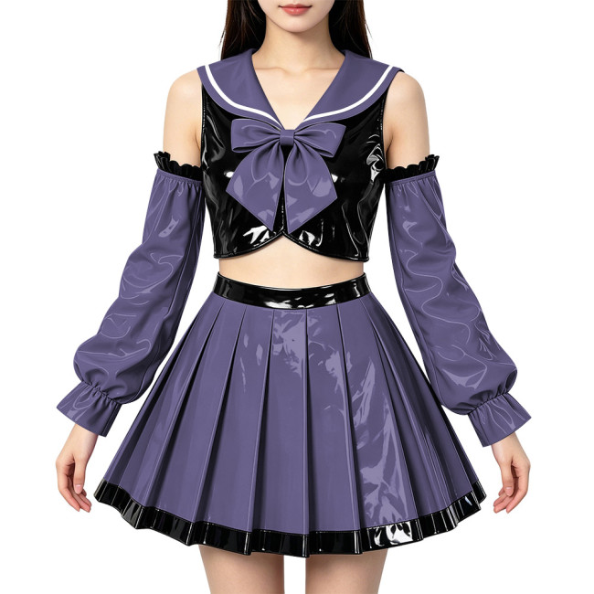 Adult PVC Shiny Cosplay Sailor Uniform Off‑Shoulder Sleeve Cropped Top Pleated Skirt Halloween Carnival Party Dress Up Outfits