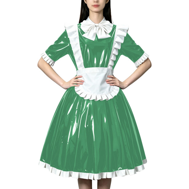 Sissy Shiny PVC Wetlook Maid Uniforms Half Sleeve White Bow Ruffle Midi Dress with Frilled Apron Theme Parties Role‑Play Outfit