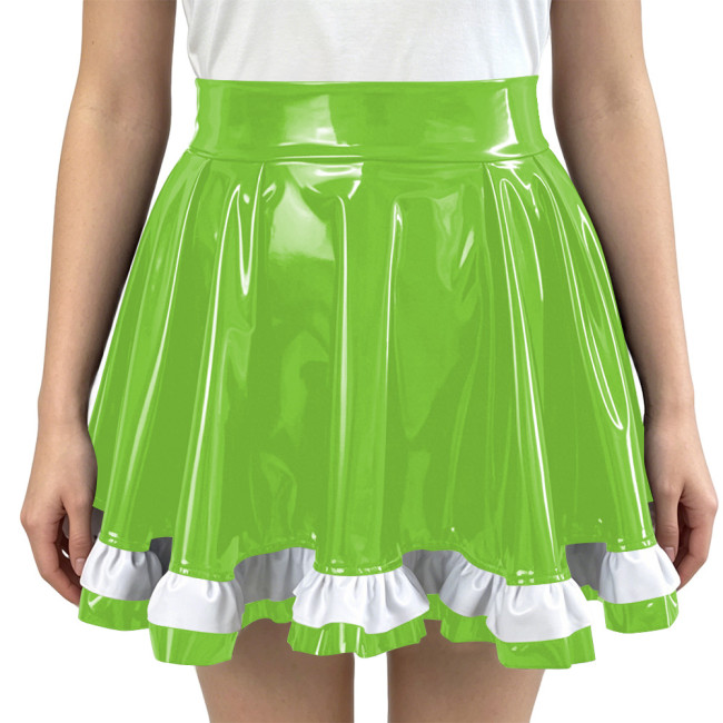 Glossy PVC Leather Women Pleated A-Line Mini Skirts Vinyl High Waist Swing Short Skirt with Frill Trim Hem Themed Party Clubwear