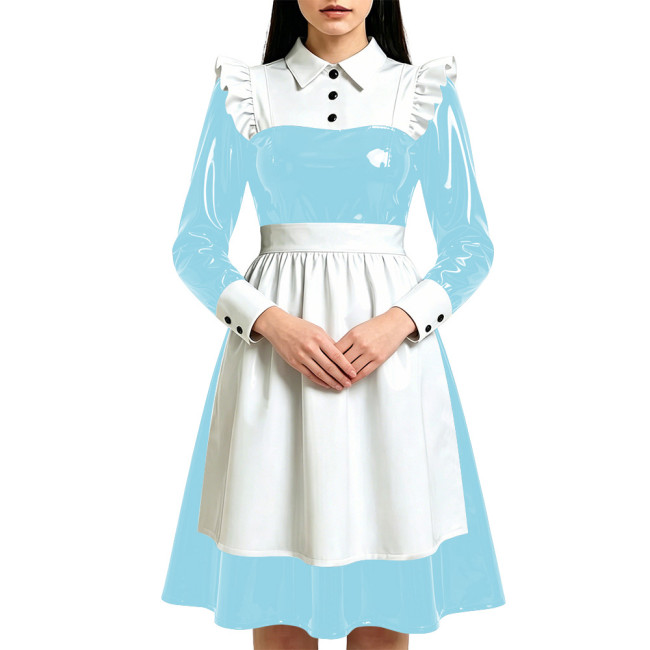 Shiny French Style Maid Cosplay Costumes Long Sleeve Fetish PVC Knee-length Dress with Apron Halloween Carnival Party Dressing