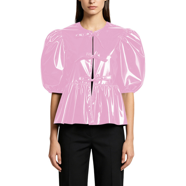 Plus Size Womens Ruffle Crop Top Sweet Short Puff Sleeve Glossy PVC Leather Female Blouse with Bow Tied Ladies Fashion Tops 8X