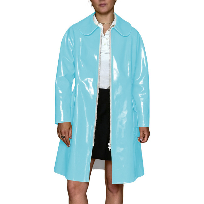 Women Men PVC Vinyl Leather Long Trench Coats Peter Pan Collar Long Sleeve Wet Look High Street Jacket Cosplay Party Costume