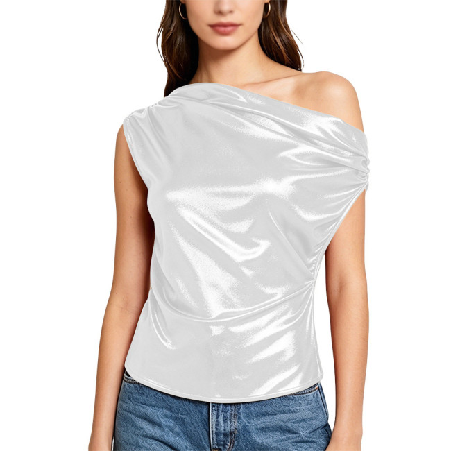Plus Size Metallic Shiny Women's Blouse One Shoulder Short Sleeve Tops Summer Chic Solid Color Slim Blouse Female Party Tops 8XL