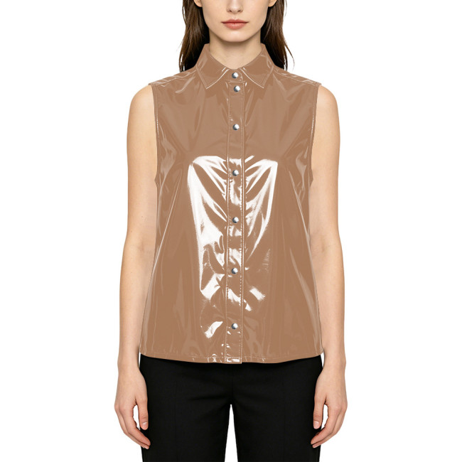 Smooth PVC Leather Tank Shirt for Womens Fashion Nightclub Glossy Solid Color Vest Sleeveless Turn-down Collar Female Blouse