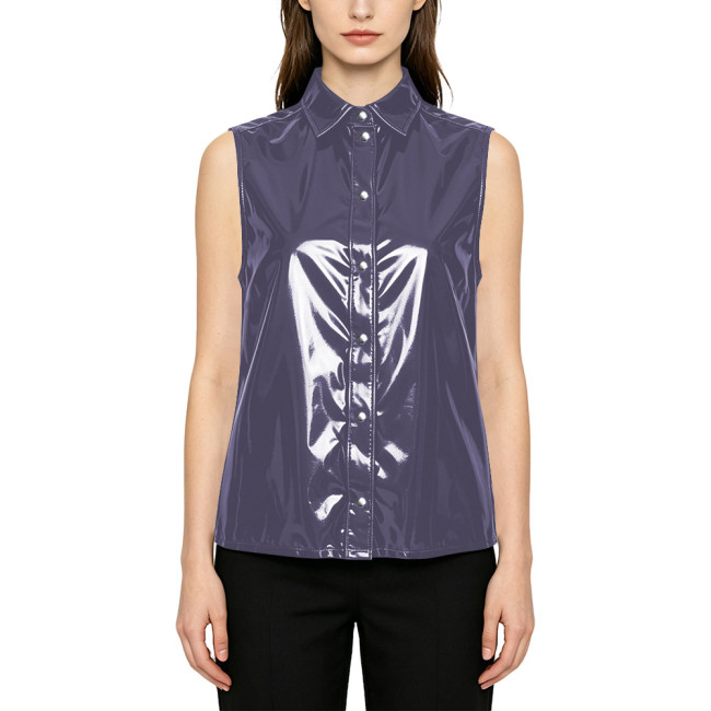 Smooth PVC Leather Tank Shirt for Womens Fashion Nightclub Glossy Solid Color Vest Sleeveless Turn-down Collar Female Blouse
