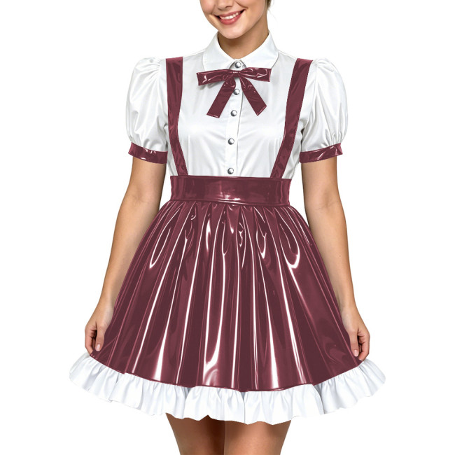 Women Lolita Cute Puff Sleeve Shirt Strap Suspender Mini Skirt Two-piece Set PVC Shiny Leather School Style Pleated Dress Outfit