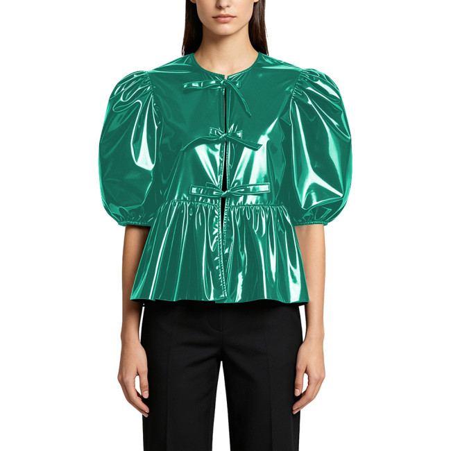 Plus Size Womens Ruffle Crop Top Sweet Short Puff Sleeve Glossy PVC Leather Female Blouse with Bow Tied Ladies Fashion Tops 8X