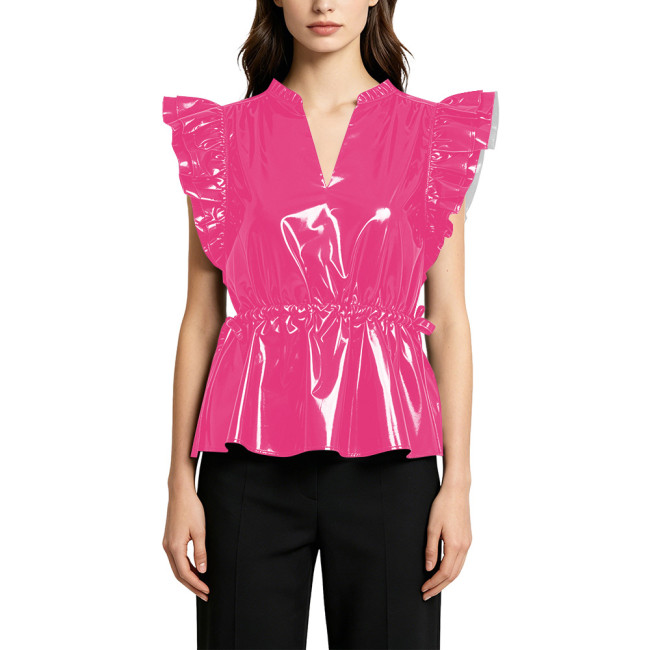 Elegant PVC Shiny Button Down Slim Waist Shirt for Women Fashion Casual Style Flying Sleeve Ruffle Trim Blouse Glossy Streetwear