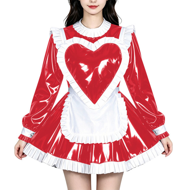 Glossy Lockable Sweet Maid Uniform PVC Shiny Long Sleeve Heart Pattern Ruffled Apron Mini Maid Dress Party Cosplay Fancy Dress