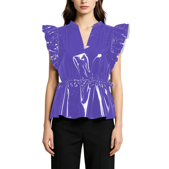 Elegant PVC Shiny Button Down Slim Waist Shirt for Women Fashion Casual Style Flying Sleeve Ruffle Trim Blouse Glossy Streetwear