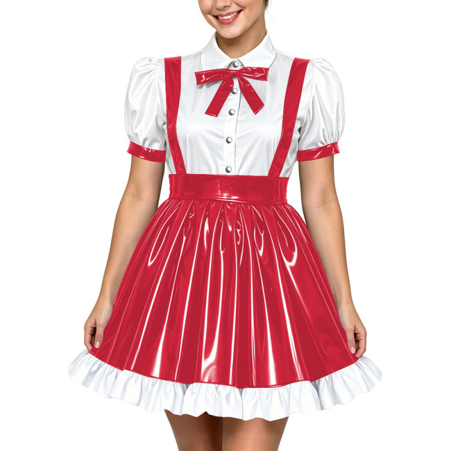 Women Lolita Cute Puff Sleeve Shirt Strap Suspender Mini Skirt Two-piece Set PVC Shiny Leather School Style Pleated Dress Outfit