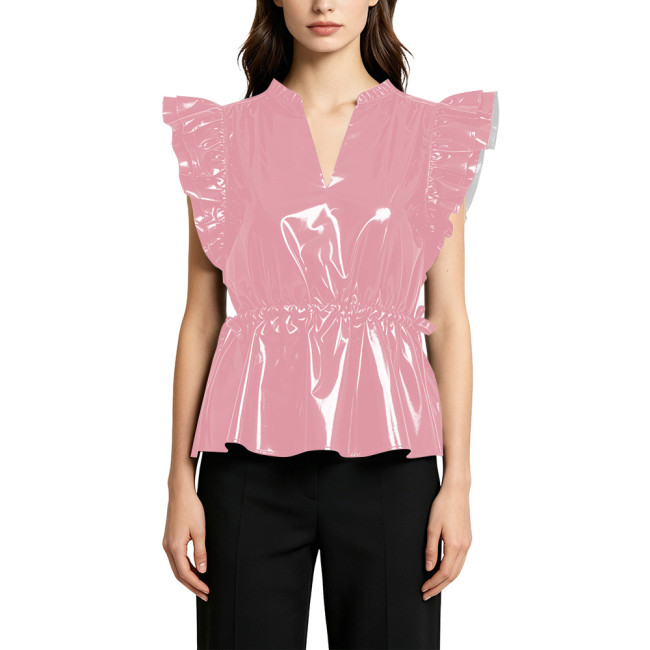 Elegant PVC Shiny Button Down Slim Waist Shirt for Women Fashion Casual Style Flying Sleeve Ruffle Trim Blouse Glossy Streetwear