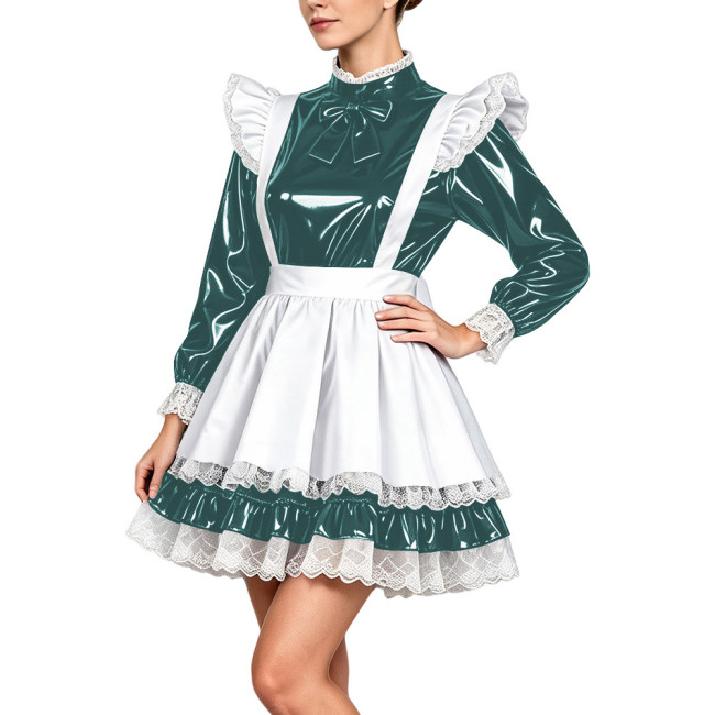 Lockable PVC Vinyl French Maid Uniforms Cosplay Dress Lace Ruffle Apron Mini Short Prom Dresses Halloween Formal Party Outfits