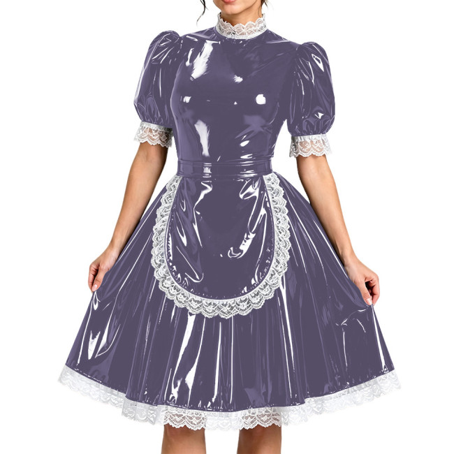 Lockable High Neck Lace Short Sleeve Maid Outfits Faux-Latex Look French Maid Cosplay Uniform Crossdressering PVC Party Costume