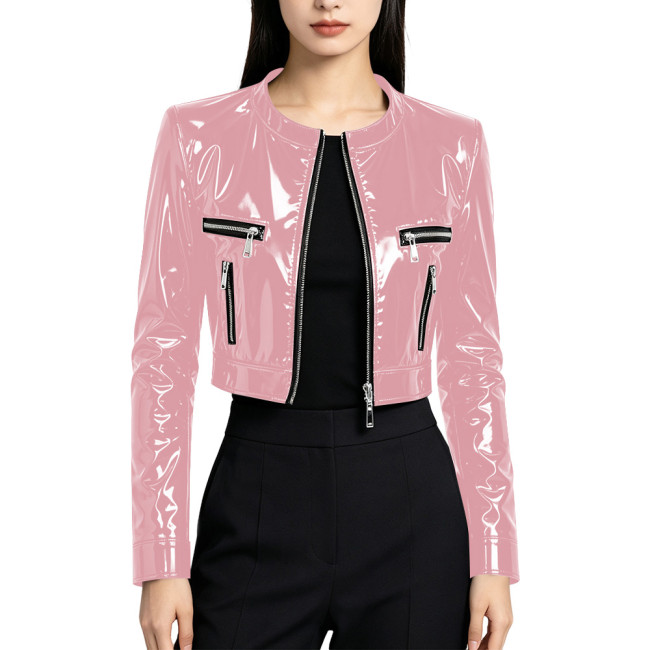 Plus Size Shiny PVC Cropped Biker Jacket Women Glossy Long Sleeve Zipper Up Jackets Wet Look Punk Short Coat Festival Clothing