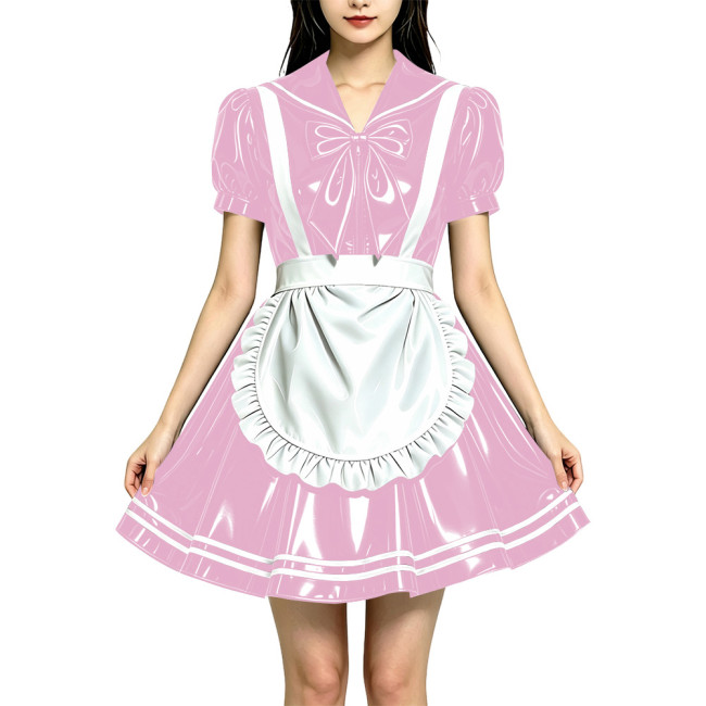 Adult Dressing Sissy Sailor Collar Maid Uniform Puff Short Sleeves A-line Pleated Dress with Apron Carnival Party Cosplay Outfit