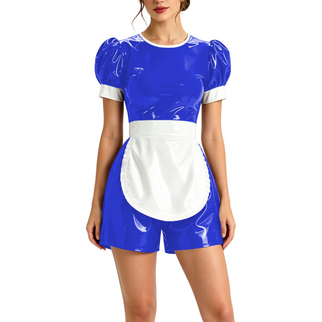 Glossy Party Cosplay Maid Rompers Wetlook Clubwear Masquerade Sexy Maid Uniform Puff Short Sleeves Short Jumpsuit with Apron 7XL