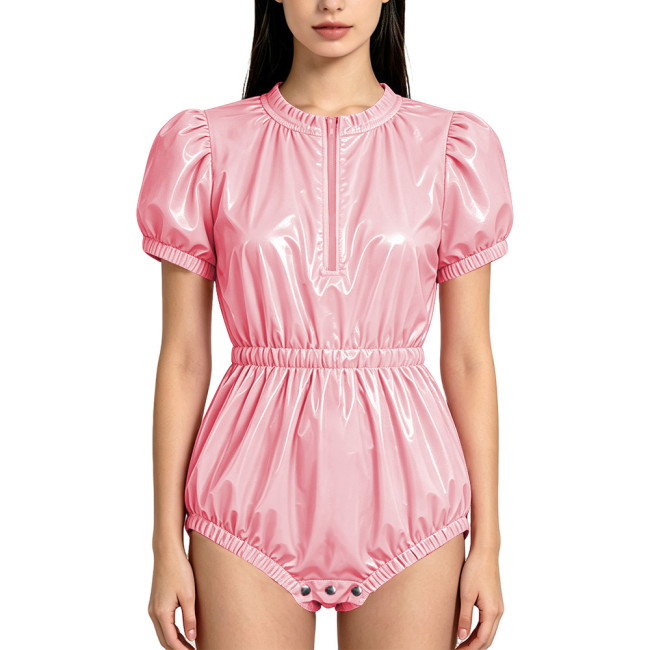 Womens O-neck PVC Rompers Short Sleeve Elastic Waist Glossy Faux Leather Bodysuit with Button-up Open Crotch Clubwear Lingerie