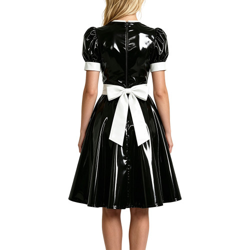 Wetlook Adult O-neck A-line Maid Dress with Apron Halloween Festival Cosplay Costume Vinyl PVC Leather Role Play Maid Uniforms