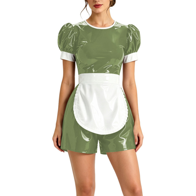 Glossy Party Cosplay Maid Rompers Wetlook Clubwear Masquerade Sexy Maid Uniform Puff Short Sleeves Short Jumpsuit with Apron 7XL