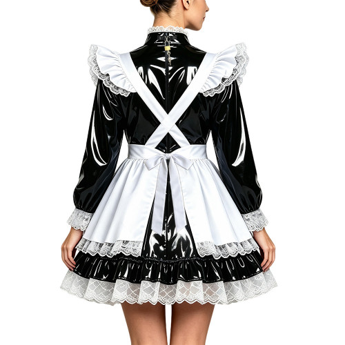 Lockable PVC Vinyl French Maid Uniforms Cosplay Dress Lace Ruffle Apron Mini Short Prom Dresses Halloween Formal Party Outfits