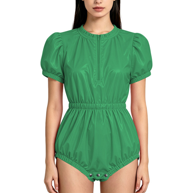 Womens O-neck PVC Rompers Short Sleeve Elastic Waist Glossy Faux Leather Bodysuit with Button-up Open Crotch Clubwear Lingerie