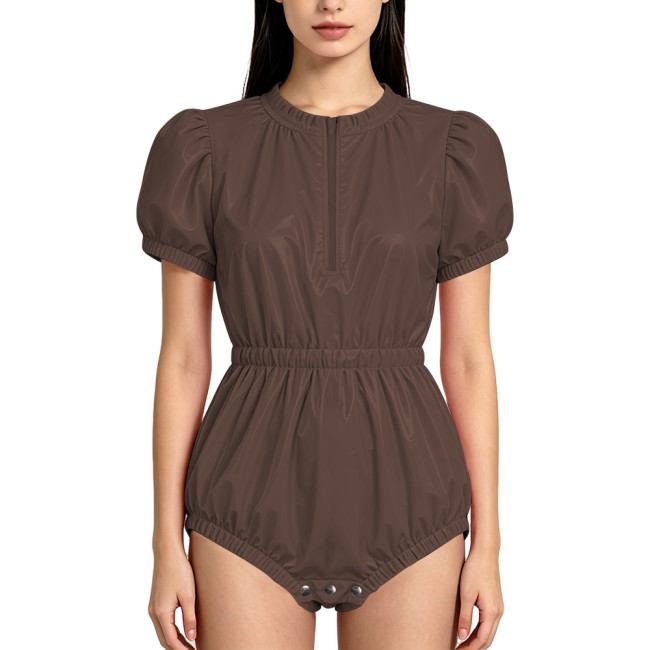 Womens O-neck PVC Rompers Short Sleeve Elastic Waist Glossy Faux Leather Bodysuit with Button-up Open Crotch Clubwear Lingerie