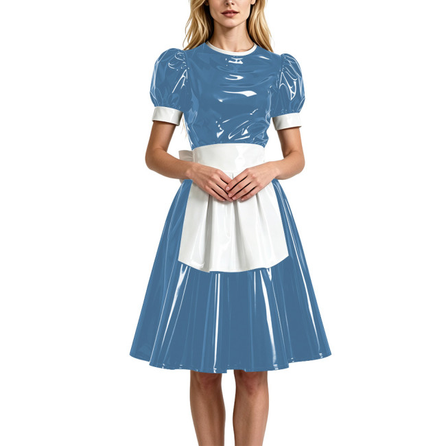 Wetlook Adult O-neck A-line Maid Dress with Apron Halloween Festival Cosplay Costume Vinyl PVC Leather Role Play Maid Uniforms