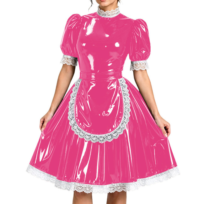 Lockable High Neck Lace Short Sleeve Maid Outfits Faux-Latex Look French Maid Cosplay Uniform Crossdressering PVC Party Costume