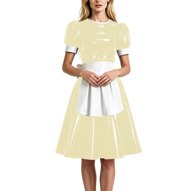 Wetlook Adult O-neck A-line Maid Dress with Apron Halloween Festival Cosplay Costume Vinyl PVC Leather Role Play Maid Uniforms