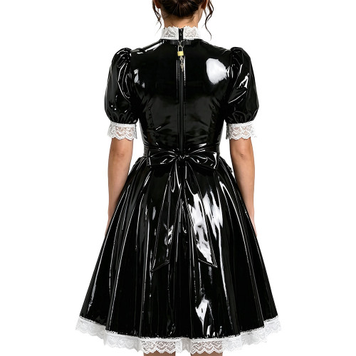 Lockable High Neck Lace Short Sleeve Maid Outfits Faux-Latex Look French Maid Cosplay Uniform Crossdressering PVC Party Costume
