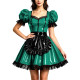 Sissy Gothic Puff Short Sleeve Maid Uniforms Glossy PVC Sweetheart Neckline Mini Maid Dress Lace Apron Party Outfit Cosplay Sets