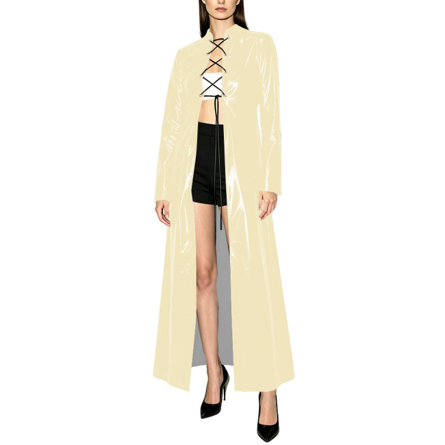 Women Shiny PVC Long Maxi Coat Stand Collar Lace-up Front Wet Look Long Sleeve Open Trench Coats Nightclub Party Stage Clubwear
