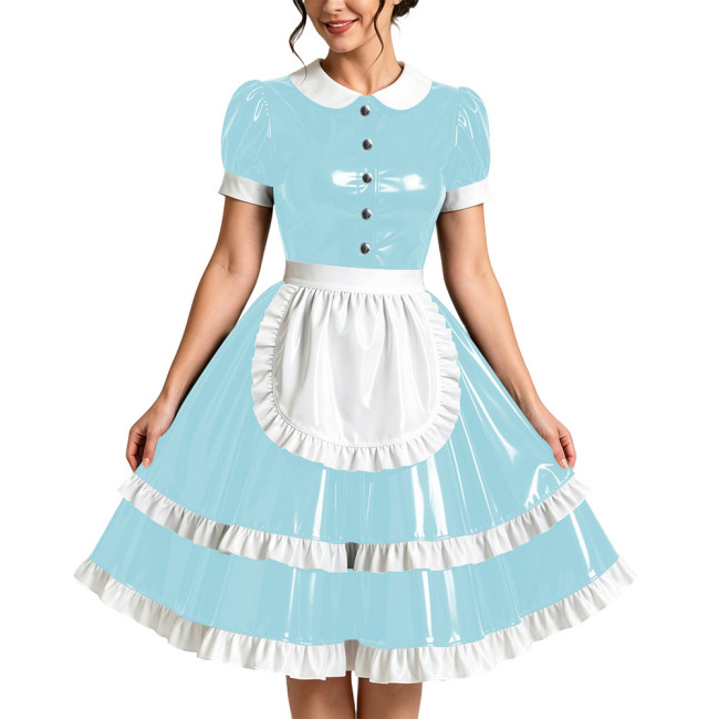 Plus Size PVC French Maid Prom Dress Wetlook Party Cosplay Short Sleeve Ruffle Frill Apron Maid Uniform Halloween Role Play Sets