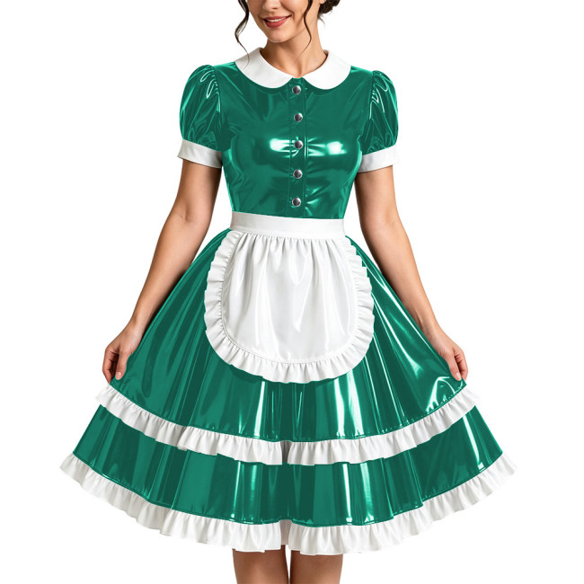 Plus Size PVC French Maid Prom Dress Wetlook Party Cosplay Short Sleeve Ruffle Frill Apron Maid Uniform Halloween Role Play Sets