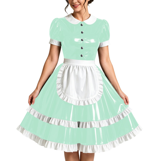 Plus Size PVC French Maid Prom Dress Wetlook Party Cosplay Short Sleeve Ruffle Frill Apron Maid Uniform Halloween Role Play Sets