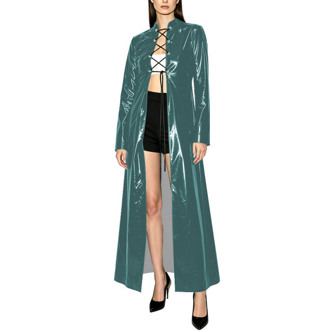 Women Shiny PVC Long Maxi Coat Stand Collar Lace-up Front Wet Look Long Sleeve Open Trench Coats Nightclub Party Stage Clubwear