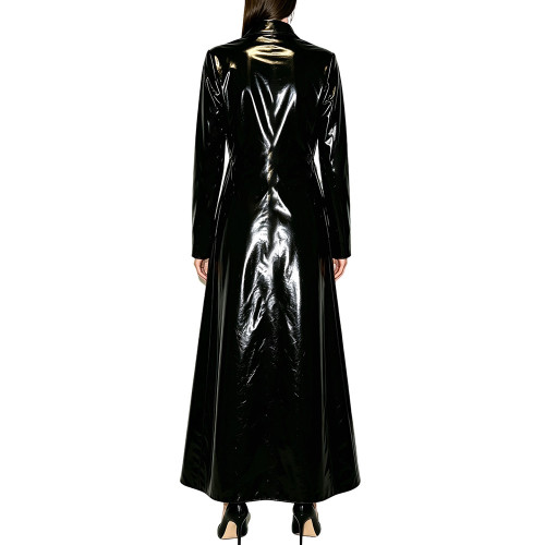 Women Shiny PVC Long Maxi Coat Stand Collar Lace-up Front Wet Look Long Sleeve Open Trench Coats Nightclub Party Stage Clubwear