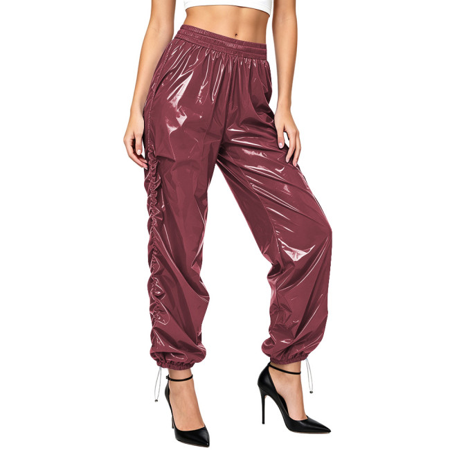 Womens Glossy PVC Leather Casual Cargo Pants Sides Drawstring Elastic Waist Fashion Trousers with Pockets Wetlook Streetwear