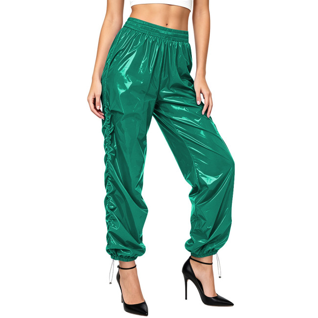 Womens Glossy PVC Leather Casual Cargo Pants Sides Drawstring Elastic Waist Fashion Trousers with Pockets Wetlook Streetwear