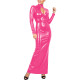 Womens Sexy Faux Leather Long Sleeves Evening Gown Mock Neck Open Bust Ankle Length Pencil Dress with Back Zip Exotic Clubwear