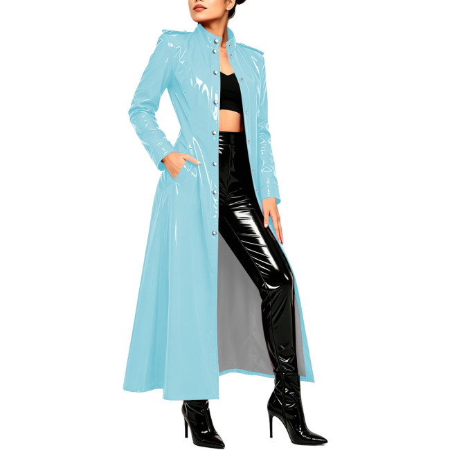 High Street Glossy Wet Look PVC Maxi Coats Womens Stand Collar Long Sleeve Button Down Long Trench Coat Gothic Cosplay Clubwear