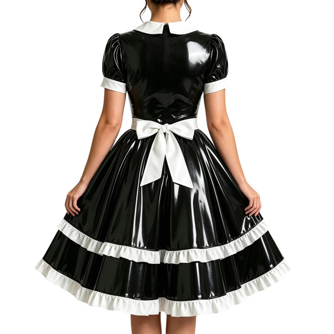 Plus Size PVC French Maid Prom Dress Wetlook Party Cosplay Short Sleeve Ruffle Frill Apron Maid Uniform Halloween Role Play Sets